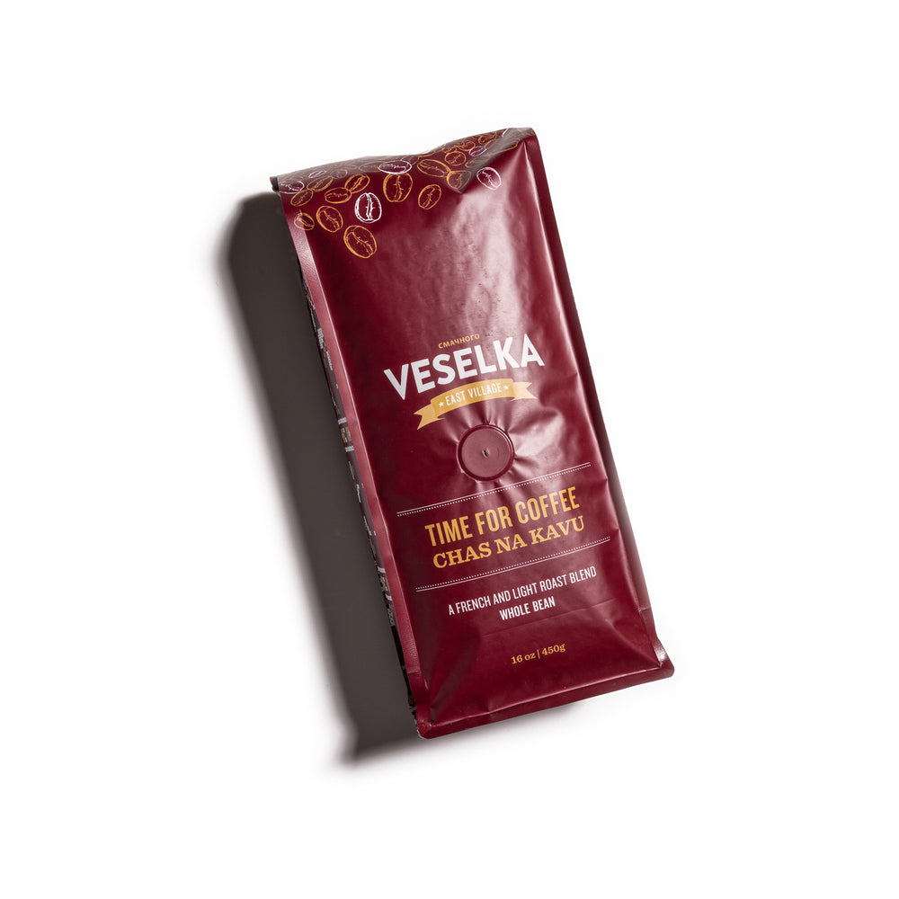 Veselka coffee beans bag, red, on white background