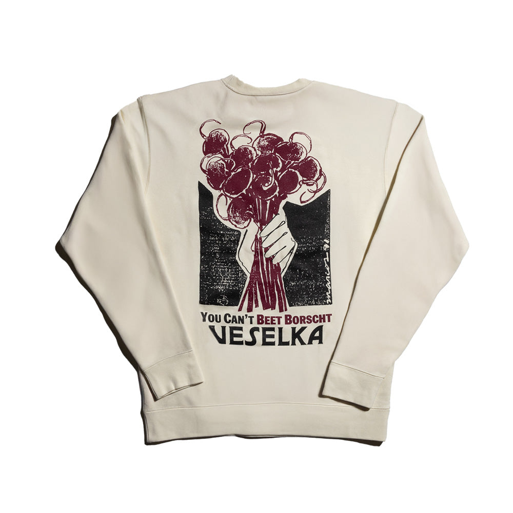 Vintage Veselka artwork on a creme crewneck