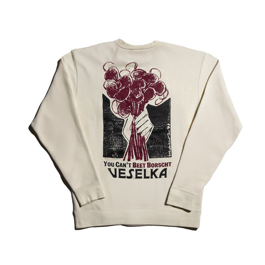 Vintage Veselka artwork on a creme crewneck