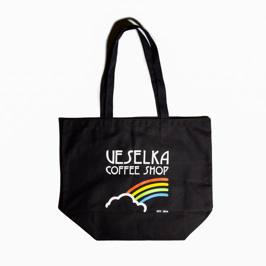 Vintage Rainbow artwork on a black tote