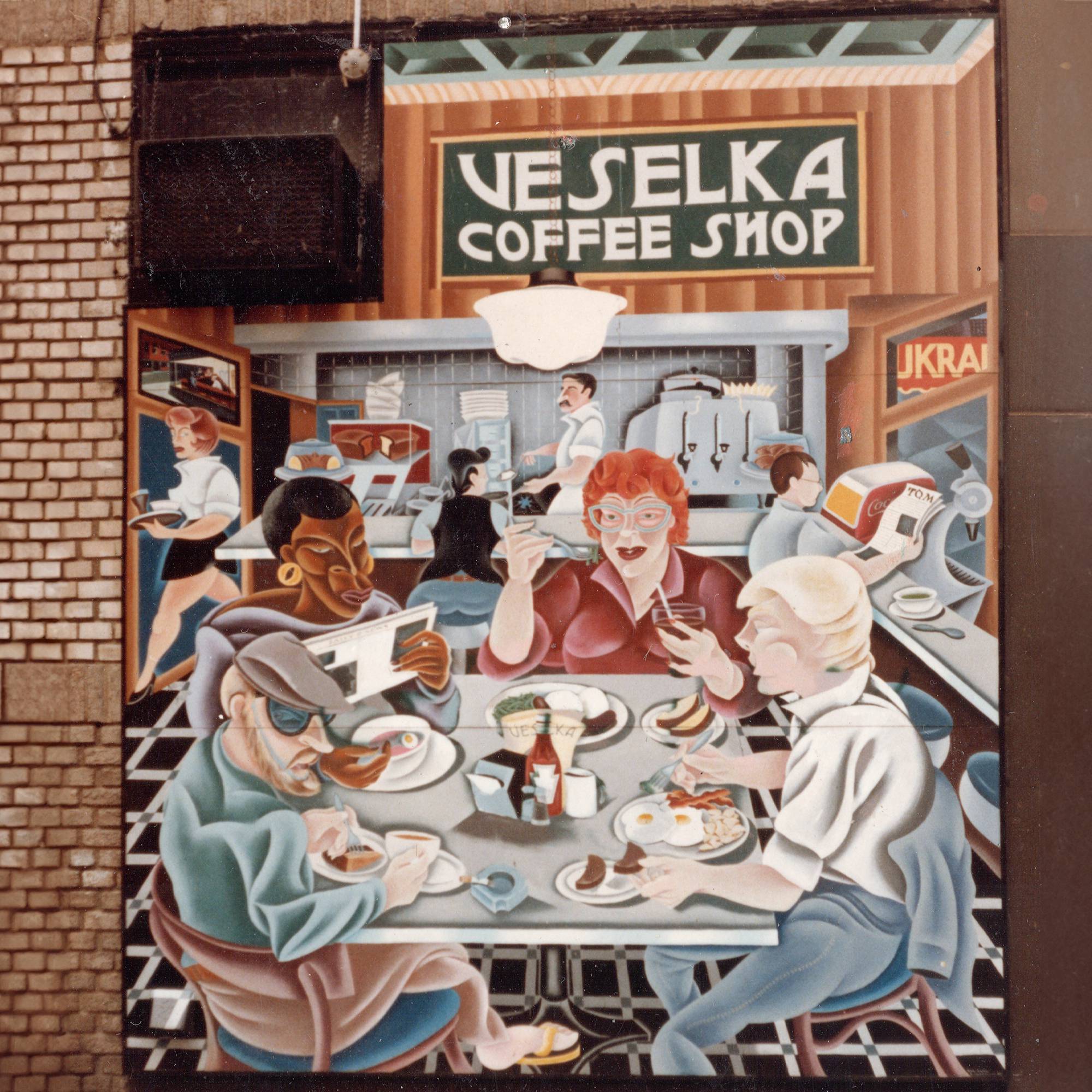 Outdoor mural of busy Veselka coffee shop