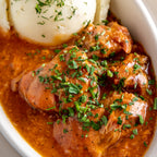 Veal Goulash and mashed potato close up