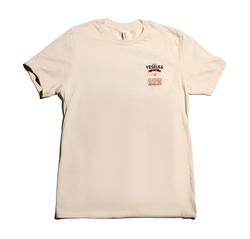 Front of cream t-shirt with Veselka and Tony's Logo