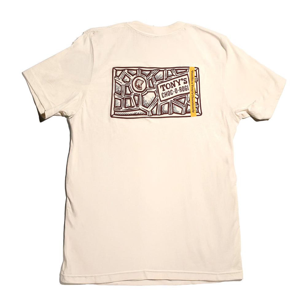 Back of Tony's X Veselka T-shirt with chocolate bar illustration