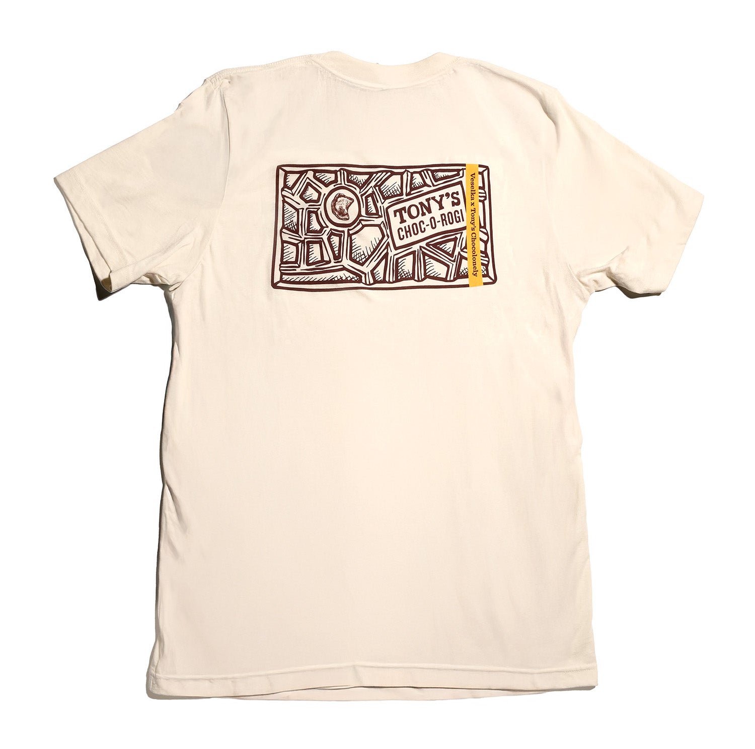 Back of Tony's X Veselka T-shirt with chocolate bar illustration