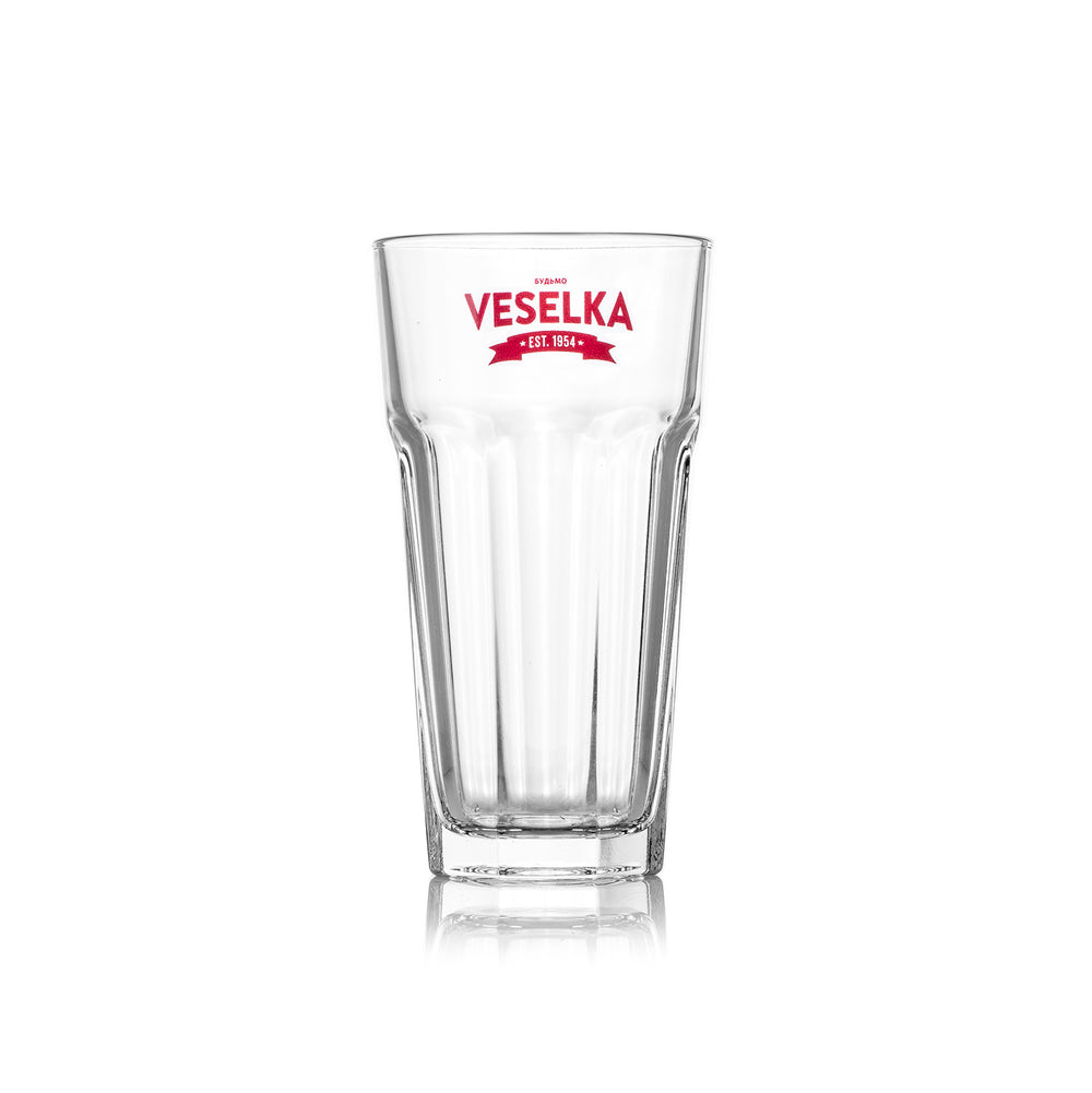 Water glass with Veselka red logo