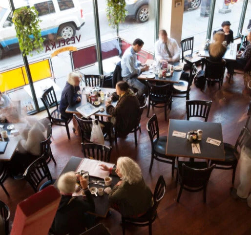 Veselka dining room, lots of hungry customers, overhead shot 