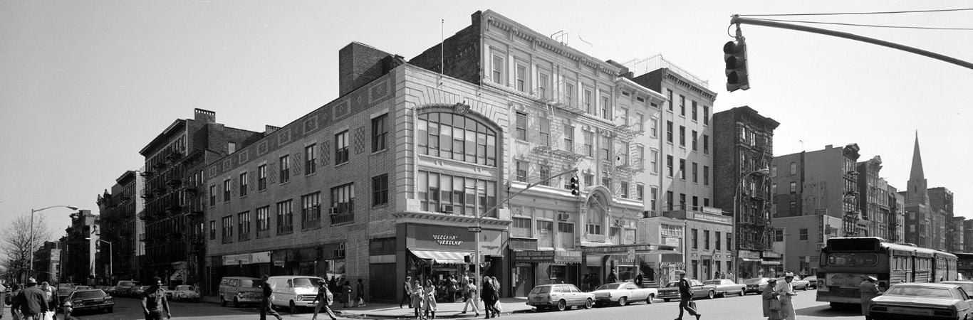 Veselka in the 70's or 80's, black and white, busy street